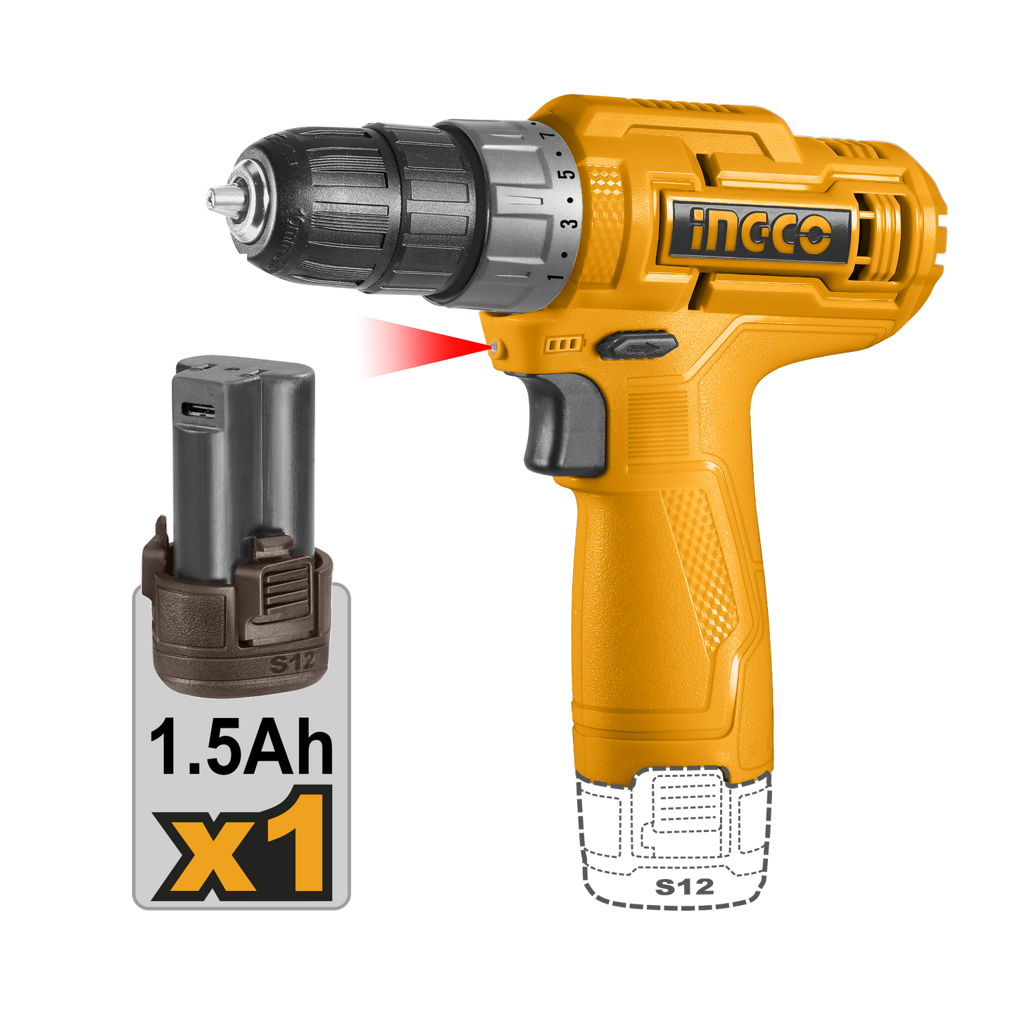 Taladro M3/8" 12V 20Nm Rotación con 1 Batería INGCO CDLI12428 - MARKEMSTORE