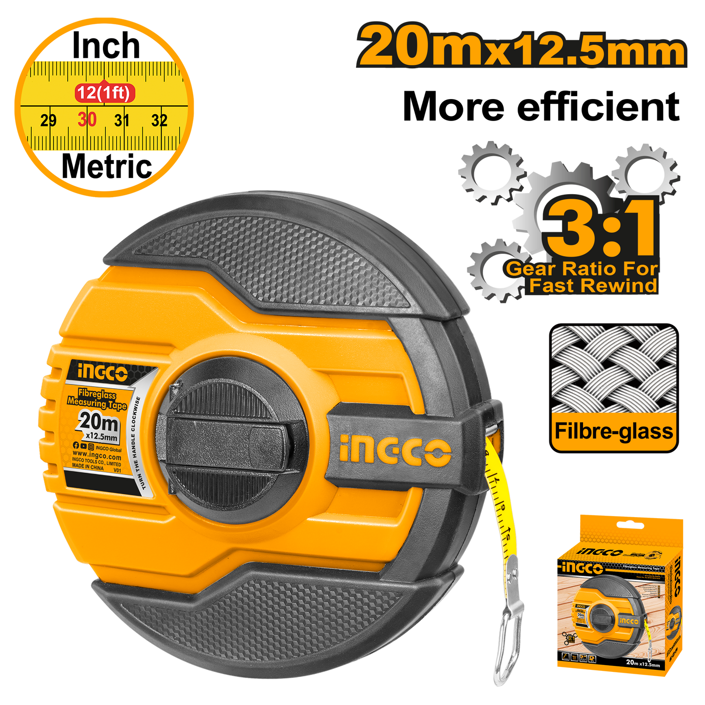 Cinta Metrica Fibravidrio 20Mtsx 12,5Mm INGCO HFMT8320 - MARKEMSTORE