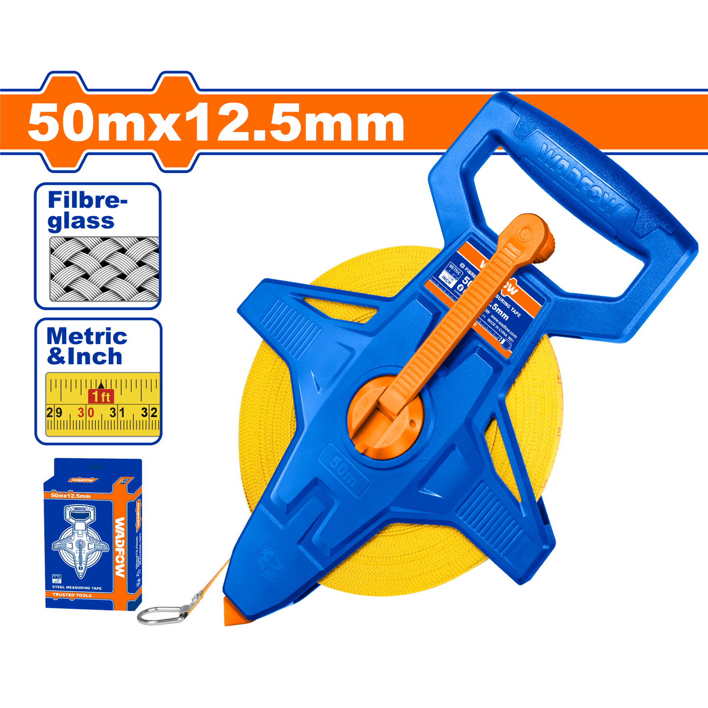 Cinta Métrica 50M Mt/Pulg Fibra Retráctil WADFOW WMT2550 - MARKEMSTORE