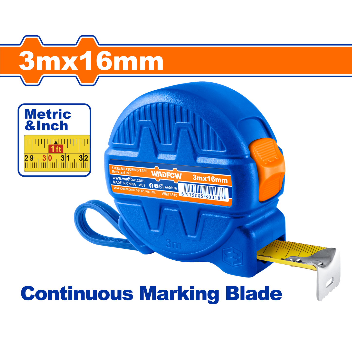 Flexómetro 3Mx16mm 1 Botón Mts/Pulg WADFOW WMT4310 - MARKEMSTORE