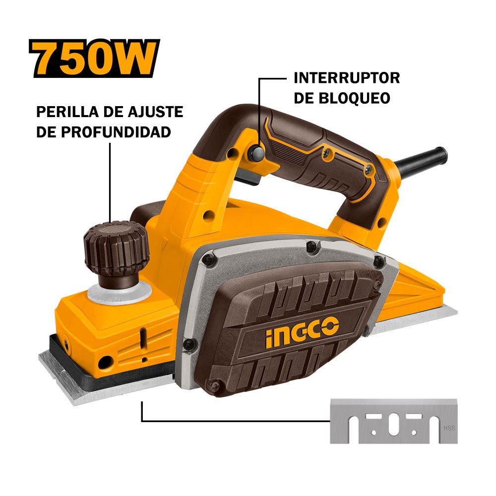 Cepillo Eléctrico para Madera INGCO 750W 17000RPM UPL7508 - MARKEMSTORE - Cepillos y accesorios