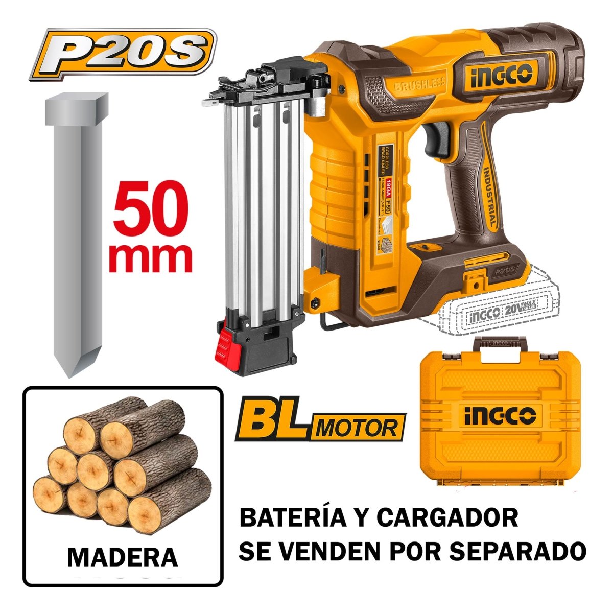 Clavadora Inalámbrica INGCO 20V Clavos Brad F15-F50 50mm CBNLI5005 - MARKEMSTORE - Clavadoras y Grapadoras