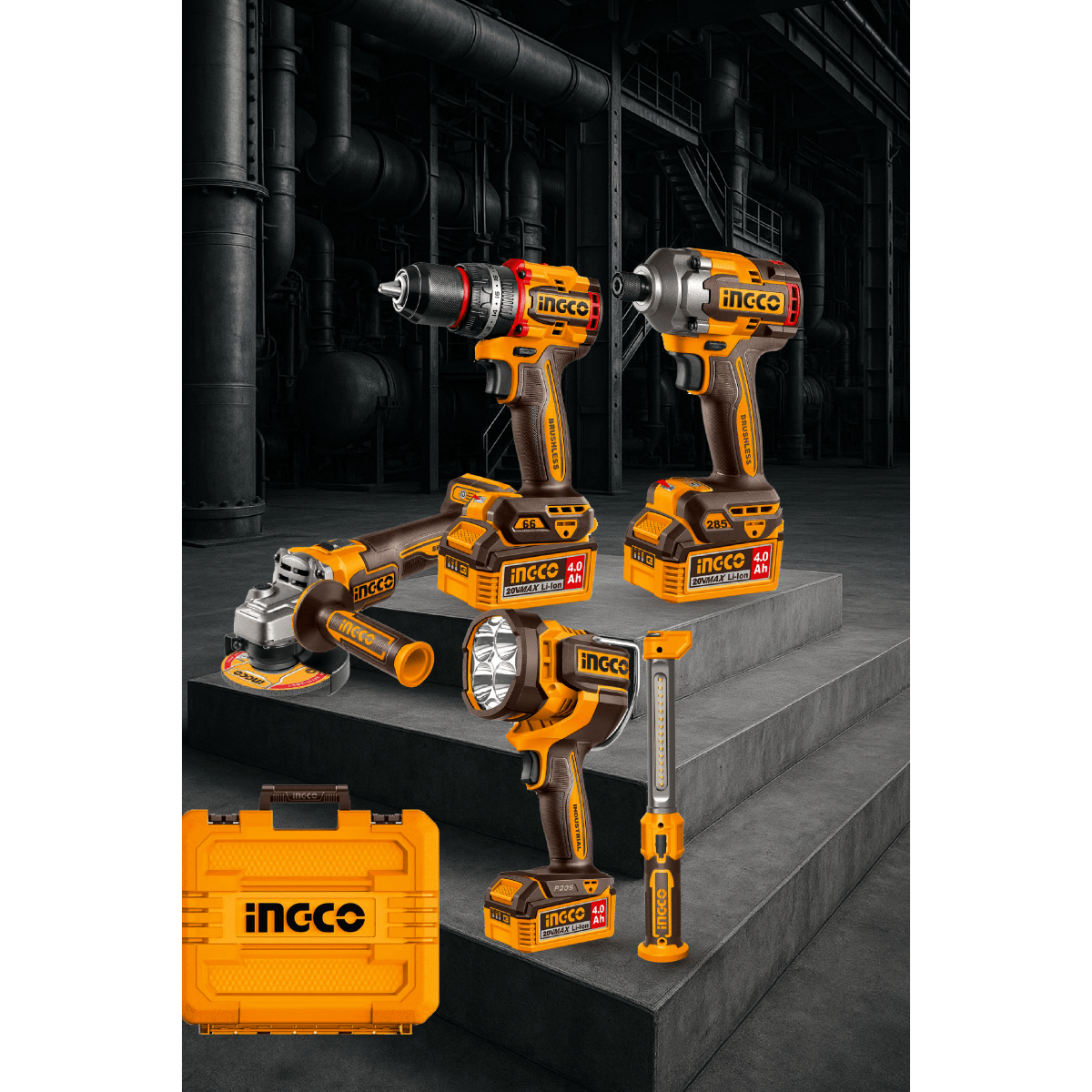 Combo Inalámbrico 20V Taladro Impacto + Atornillador + Pulidora + 2 Lámparas INGCO UCOSLI250692 - MARKEMSTORE - Combos