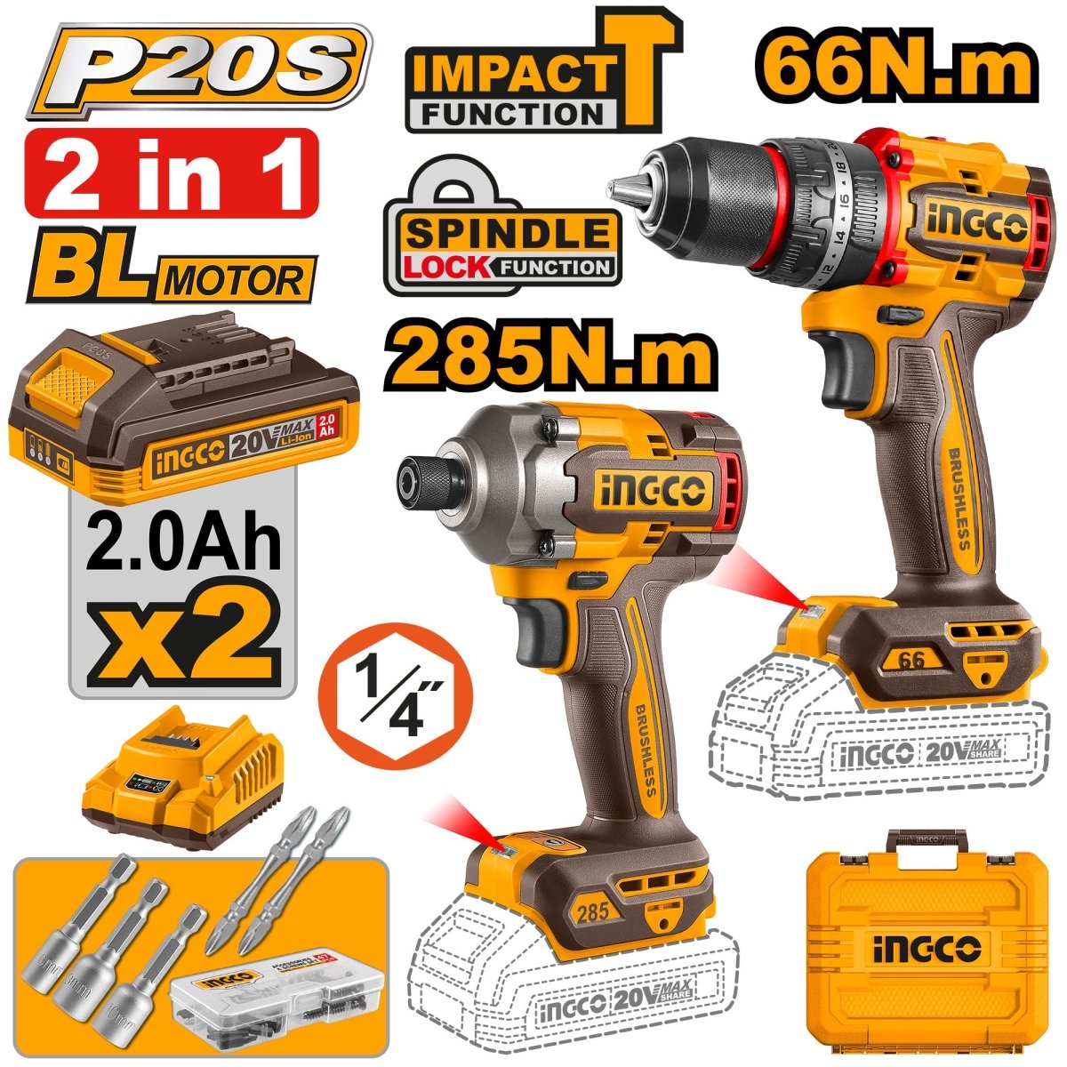 Combo Taladro Inalámbrico INGCO 20V + Atornillador + 2 Baterías 2Ah y Accesorios UCKLI20277 - MARKEMSTORE - Combos