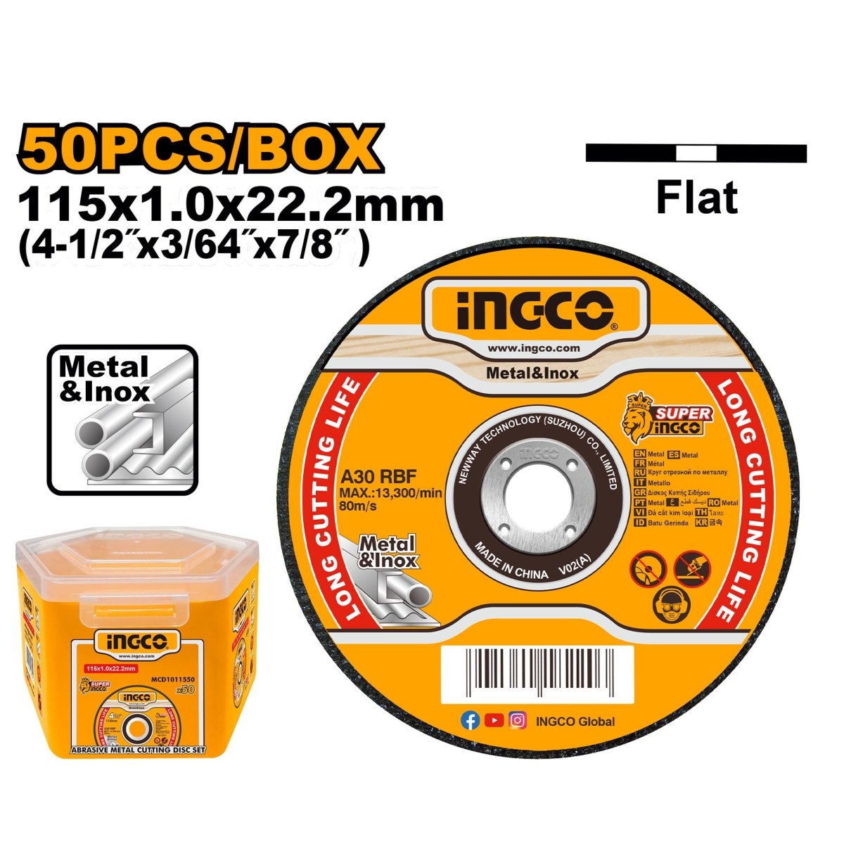 Disco Abrasivo de Corte Fino INGCO 4-1/2" x 1.0mm Metal Set x50 MCD1011550 - MARKEMSTORE - Accesorios Para Pulidora