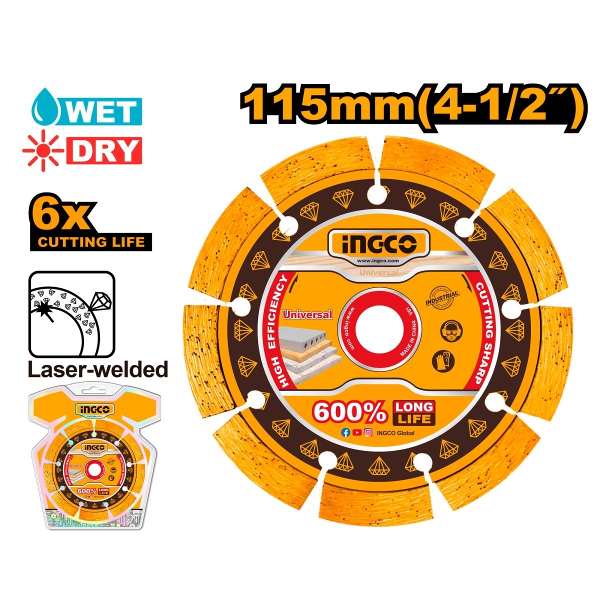 Disco Diamantado Segmentado 4-1/2X3/8X7/8 Ingco DMD071151 - MARKEMSTORE - Accesorios Para Pulidora