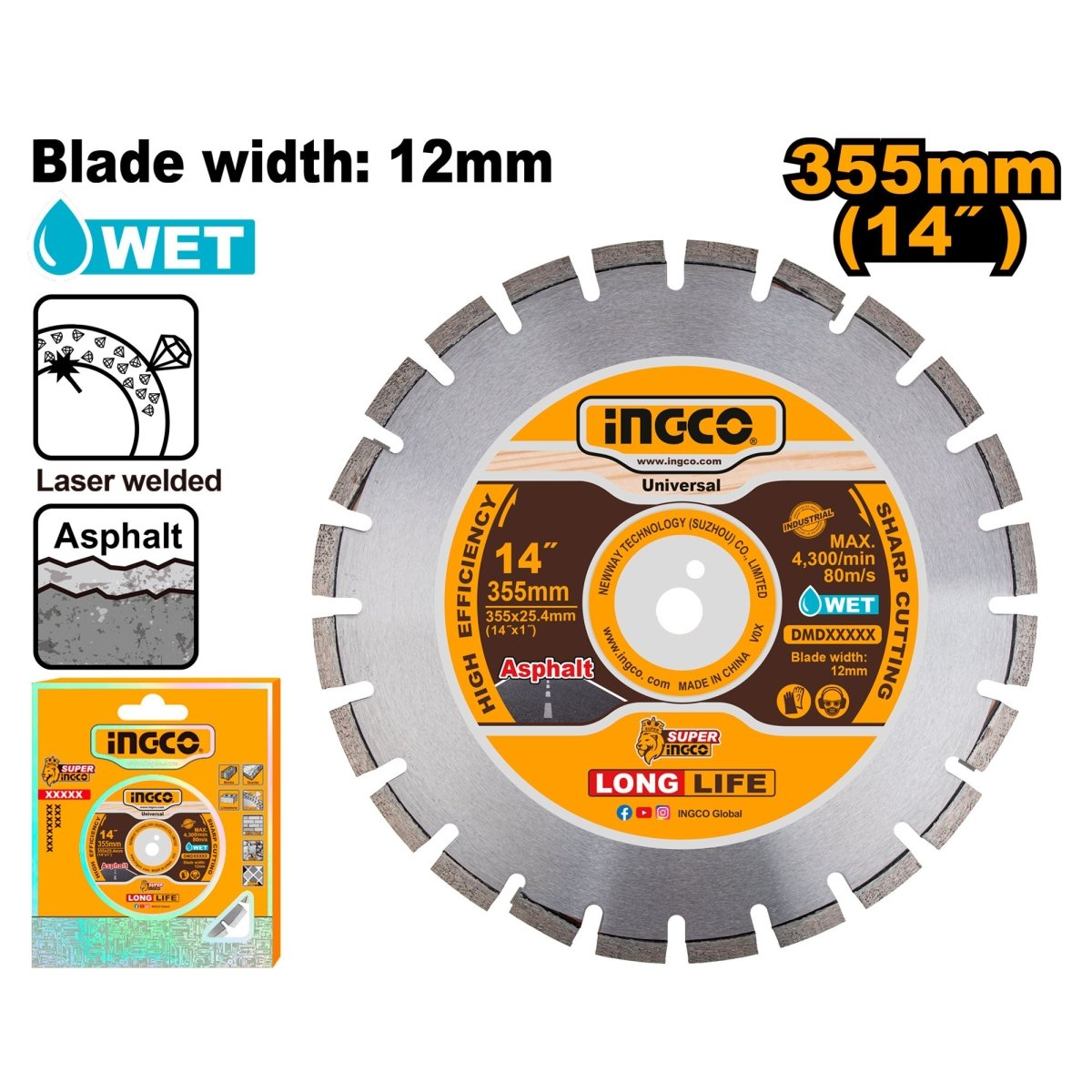 Disco Diamantado Segmentado INGCO 14" Corte Asfalto DMD033553 - MARKEMSTORE - Discos
