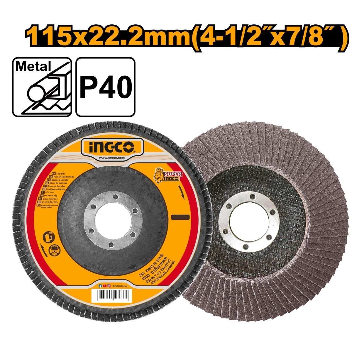 Disco Flap INGCO 115mm G40 para Desbastar y Pulir Acero 13300RPM | FD11540 - MARKEMSTORE - Accesorios Para Pulidora