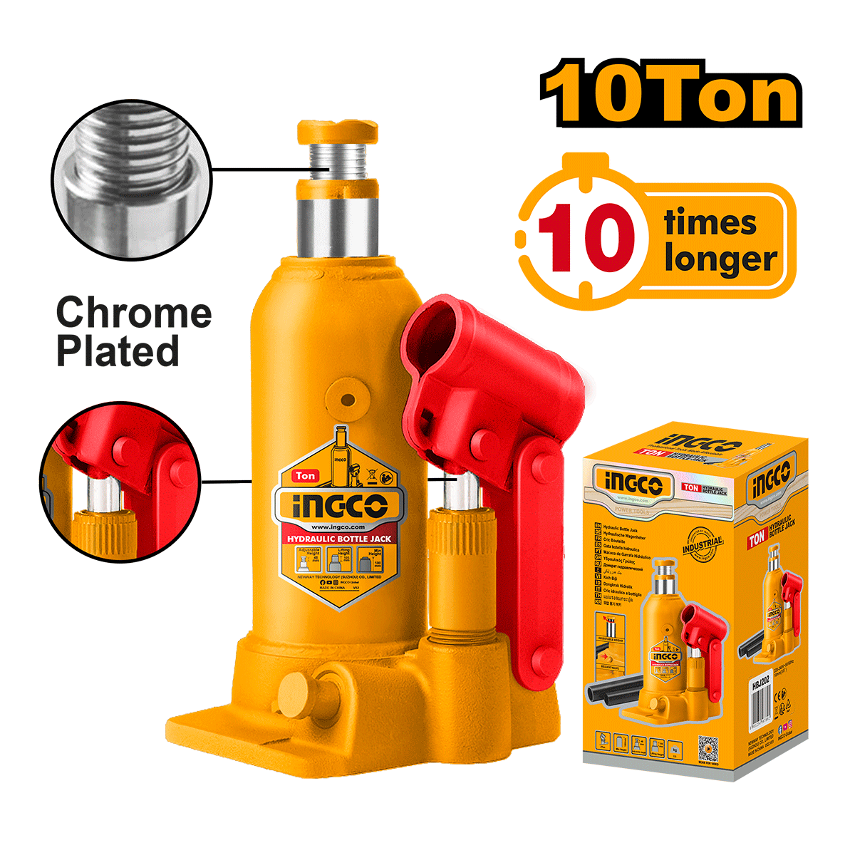 Gato Hidráulico Tipo Botella 10 Toneladas 220 - 488MM INGCO HBJ1004 - MARKEMSTORE - Gatos Hidraulicos