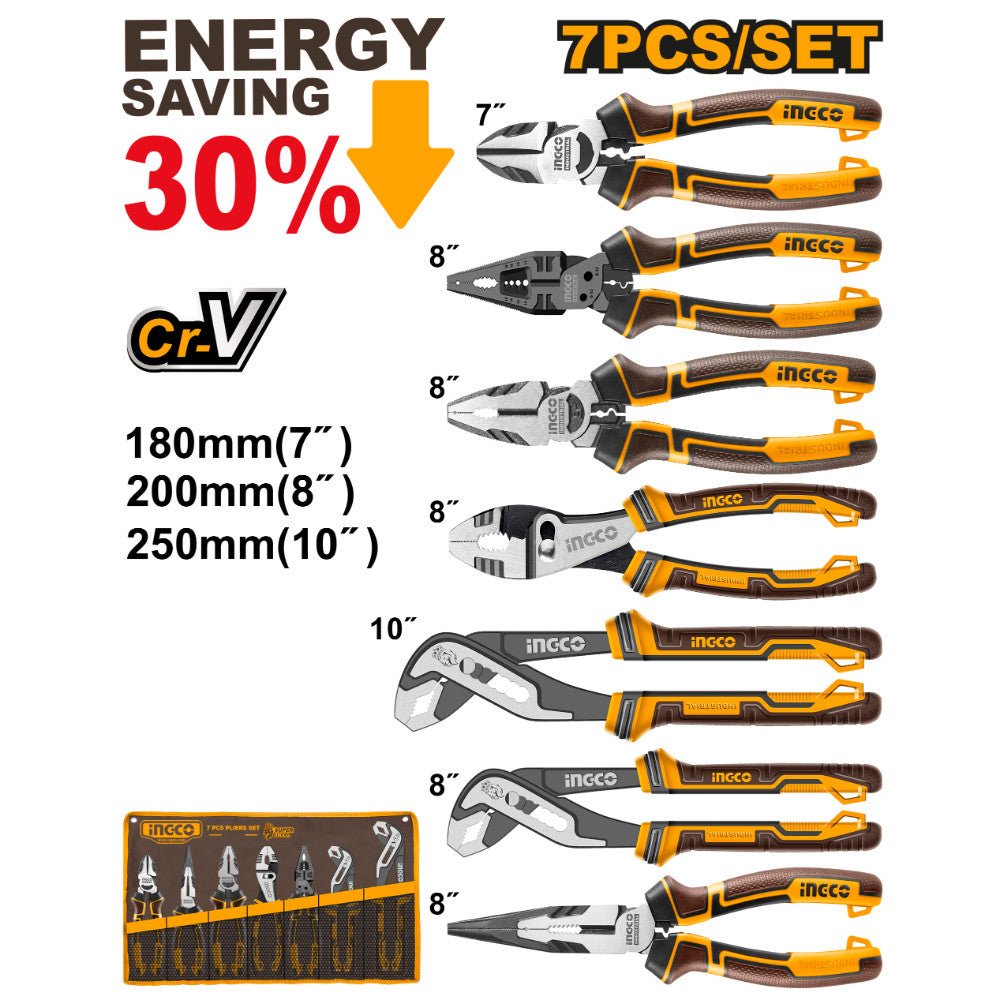 Juego de Alicates INGCO 7 Piezas Cr - V Mangos TPR HKPS28768 - MARKEMSTORE - Alicates
