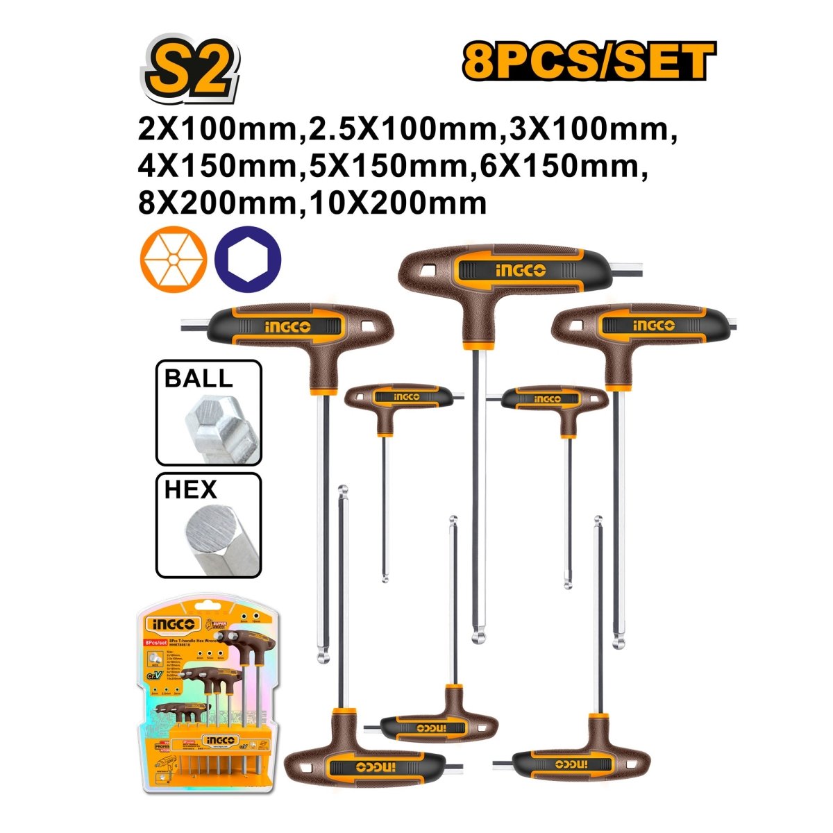 Llave Allen Tipo T Punta Bola INGCO 8 Piezas 2 - 10mm HHKT80828 - MARKEMSTORE - Llaves y Juegos