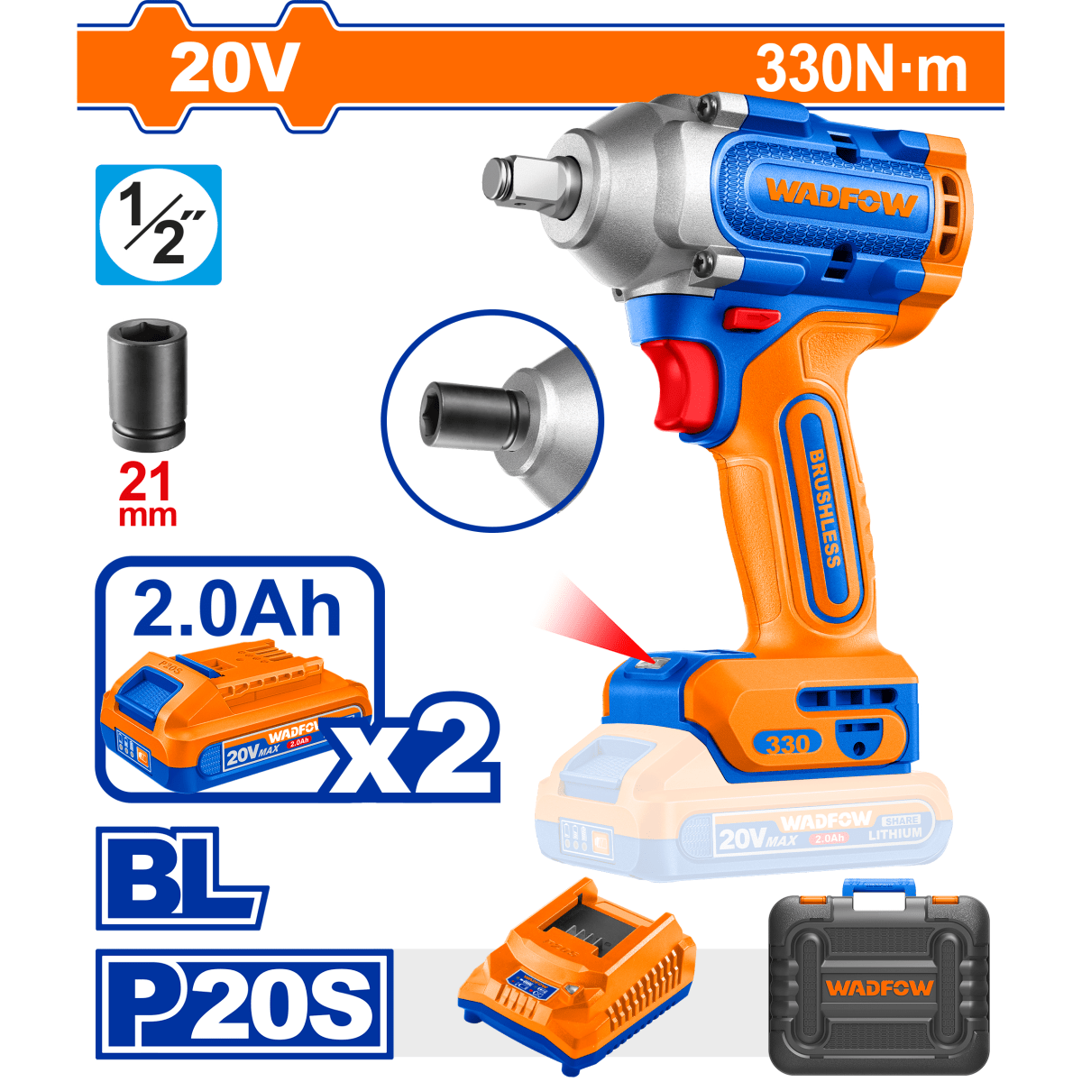 Llave De Impacto Inalámbrica 20V 1/2" 2 Baterías y cargador WADFOW UWCD1B33 - MARKEMSTORE - Llave de Impacto