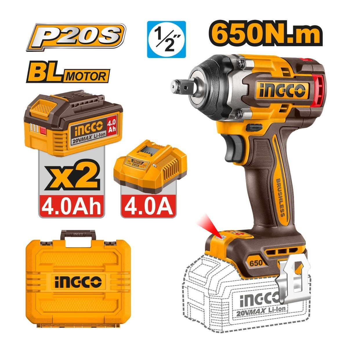 Llave de Impacto Inalámbrica INGCO 20V 650Nm 2 Baterías UCIWLI2065 - MARKEMSTORE - Llave de Impacto
