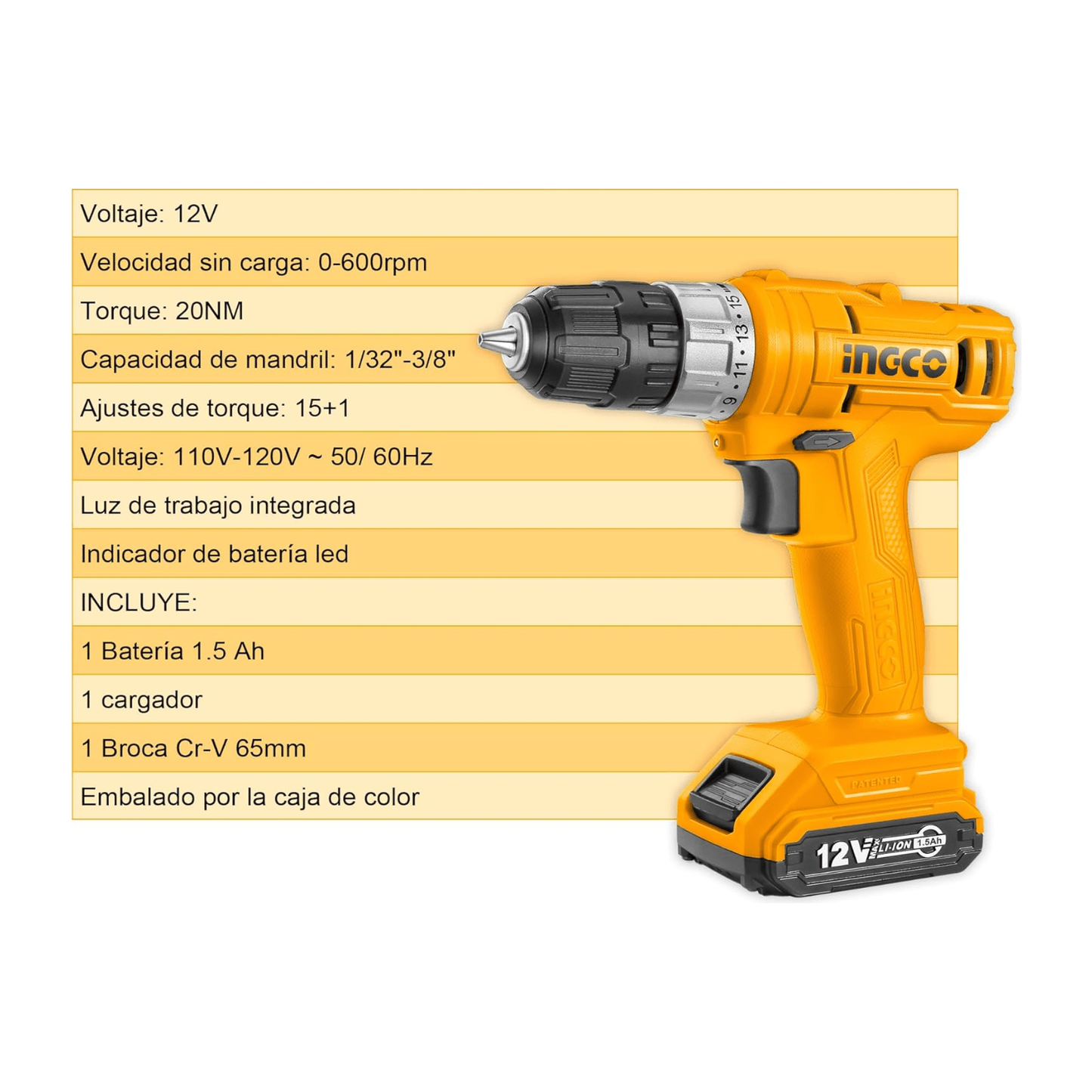 Taladro Inalámbrico 12v Ingco UCDLI1211 - MARKEMSTORE
