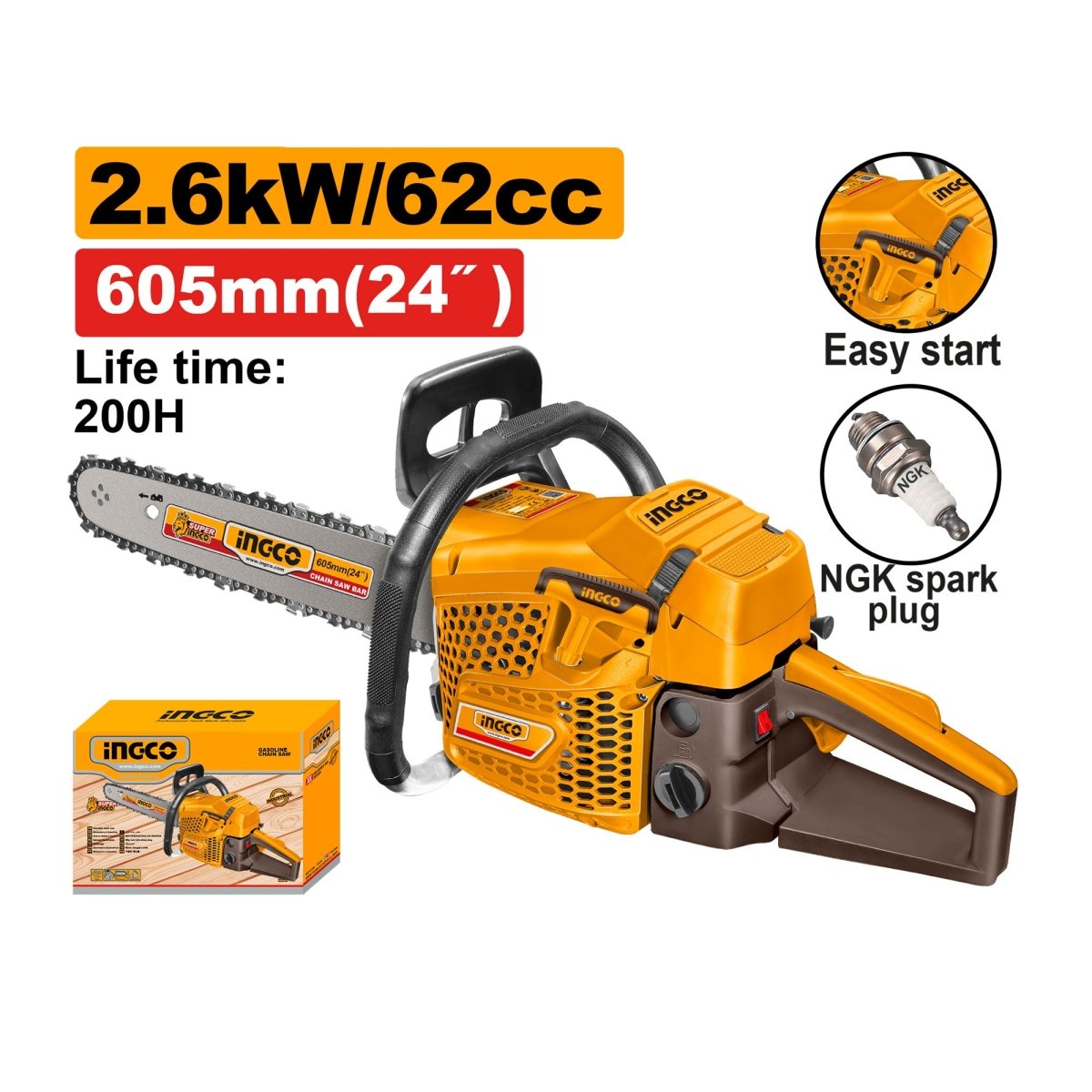 Motosierra a Gasolina INGCO 62cc 2.6kW 24" Motor 2 Tiempos Bujía NGK GCS5622611 - MARKEMSTORE -
