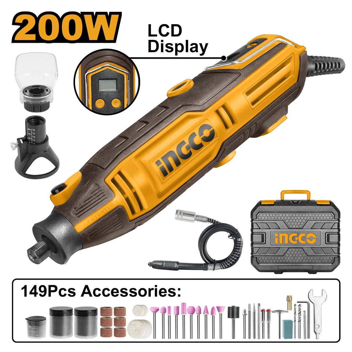 Mototool INGCO 200W con 149 Accesorios UMG2008 - MARKEMSTORE - Mototool y Accesorios