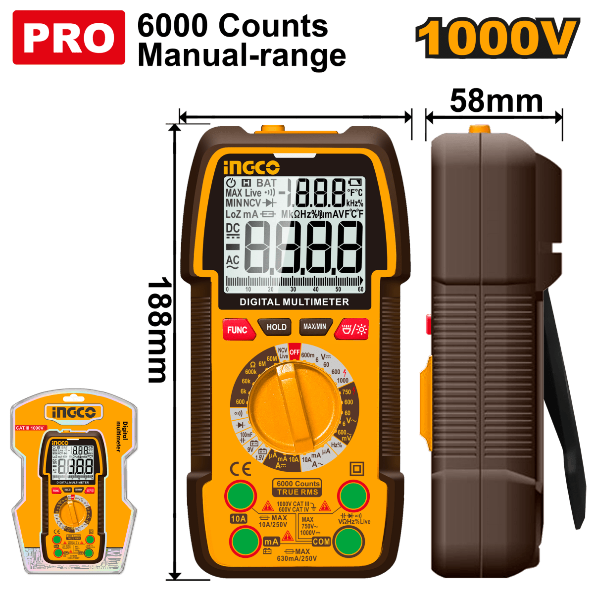 Multímetro Digital TRUE RMS 1000V INGCO 6000 Cuentas Medidor Voltaje DM310002 - MARKEMSTORE - Multimetros