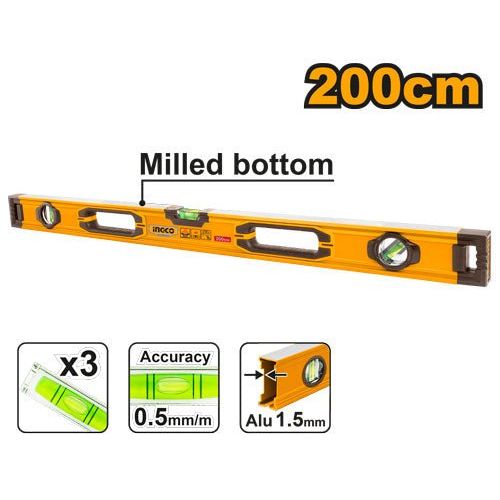 Nivel de Aluminio INGCO HSL08200 200cm Spirit 1.5mm | Nivel 2 Metros - MARKEMSTORE - Niveladores