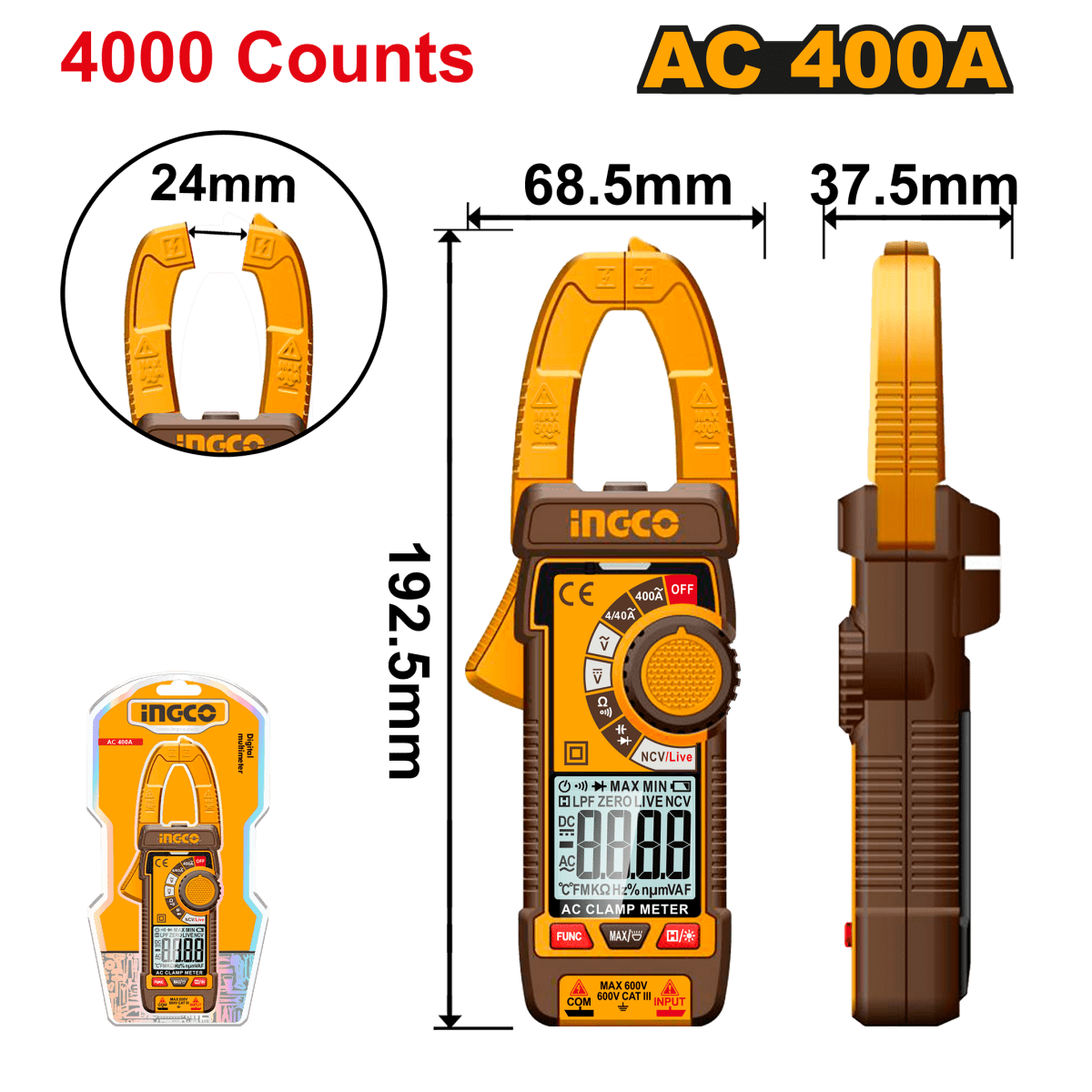 Pinza Voltiamperimétrica Digital AC 400A INGCO TRUE RMS 4000 Cuentas DCM62001 - MARKEMSTORE - Multimetros