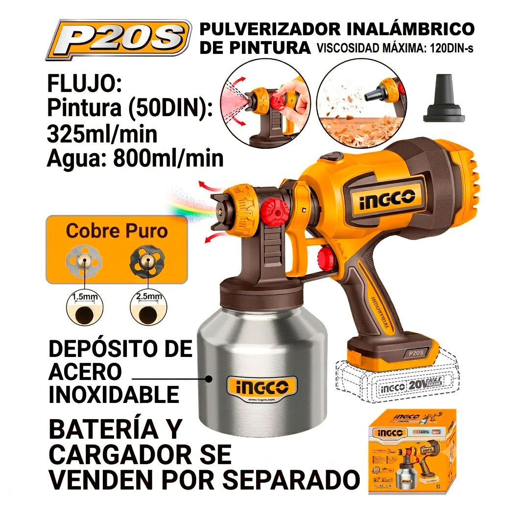 Pistola Para Pintar 20V Cap Envase 800Ml Ingco CSGLI20041 - MARKEMSTORE - Pistolas y Sopladores
