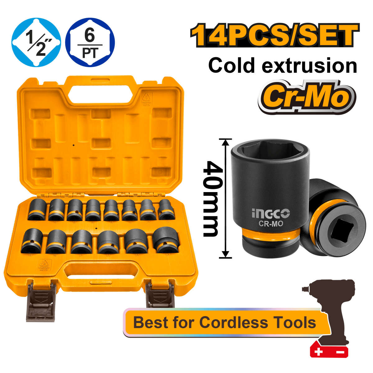 Set Dado Impacto 14 Piezas 1/2" INGCO Cr - Mo Profesional HKISSD12141 - MARKEMSTORE - Dados y accesorios