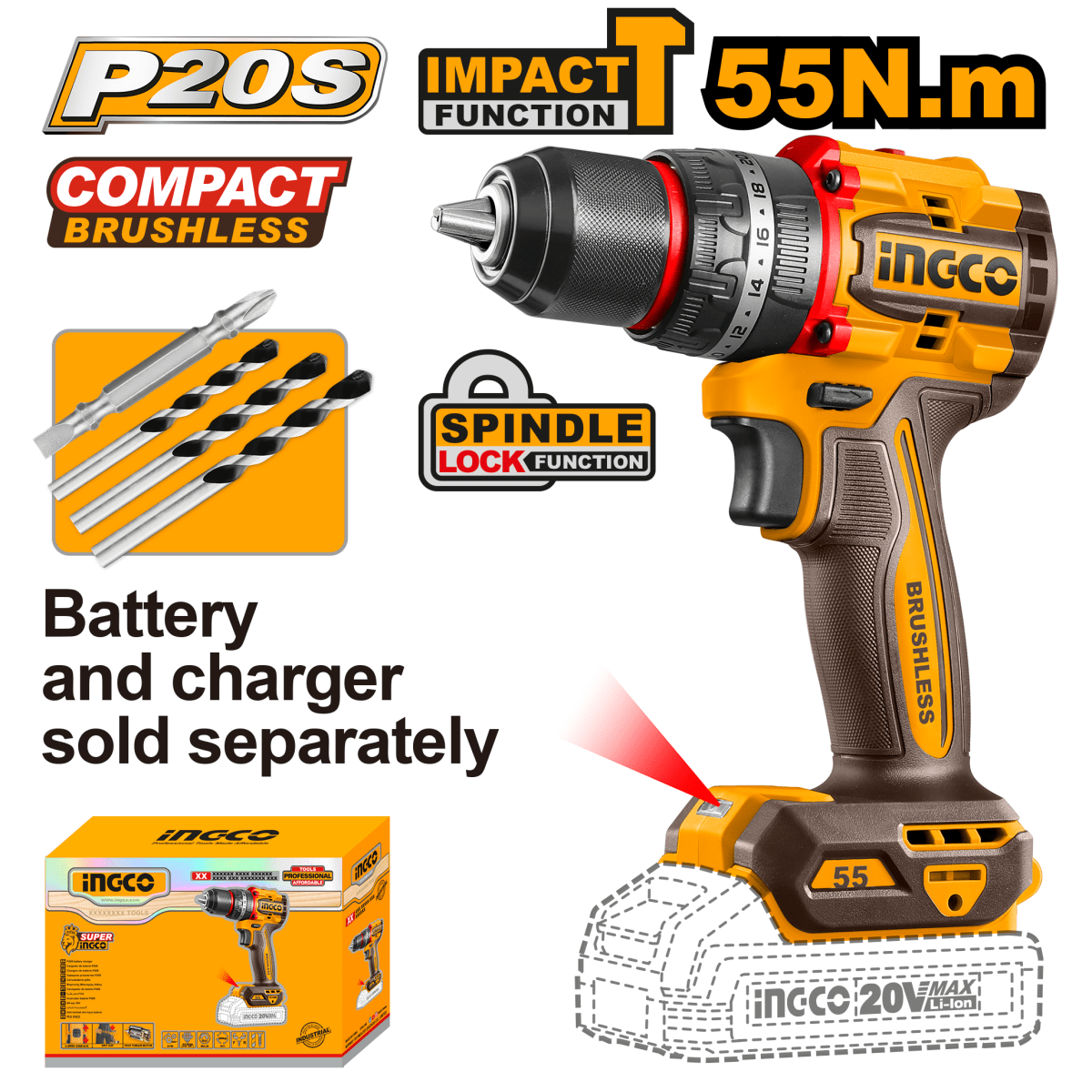 Taladro de Impacto Inalámbrico INGCO 20V 55Nm 30000BPM - CIDLI205581 - MARKEMSTORE - Taladro