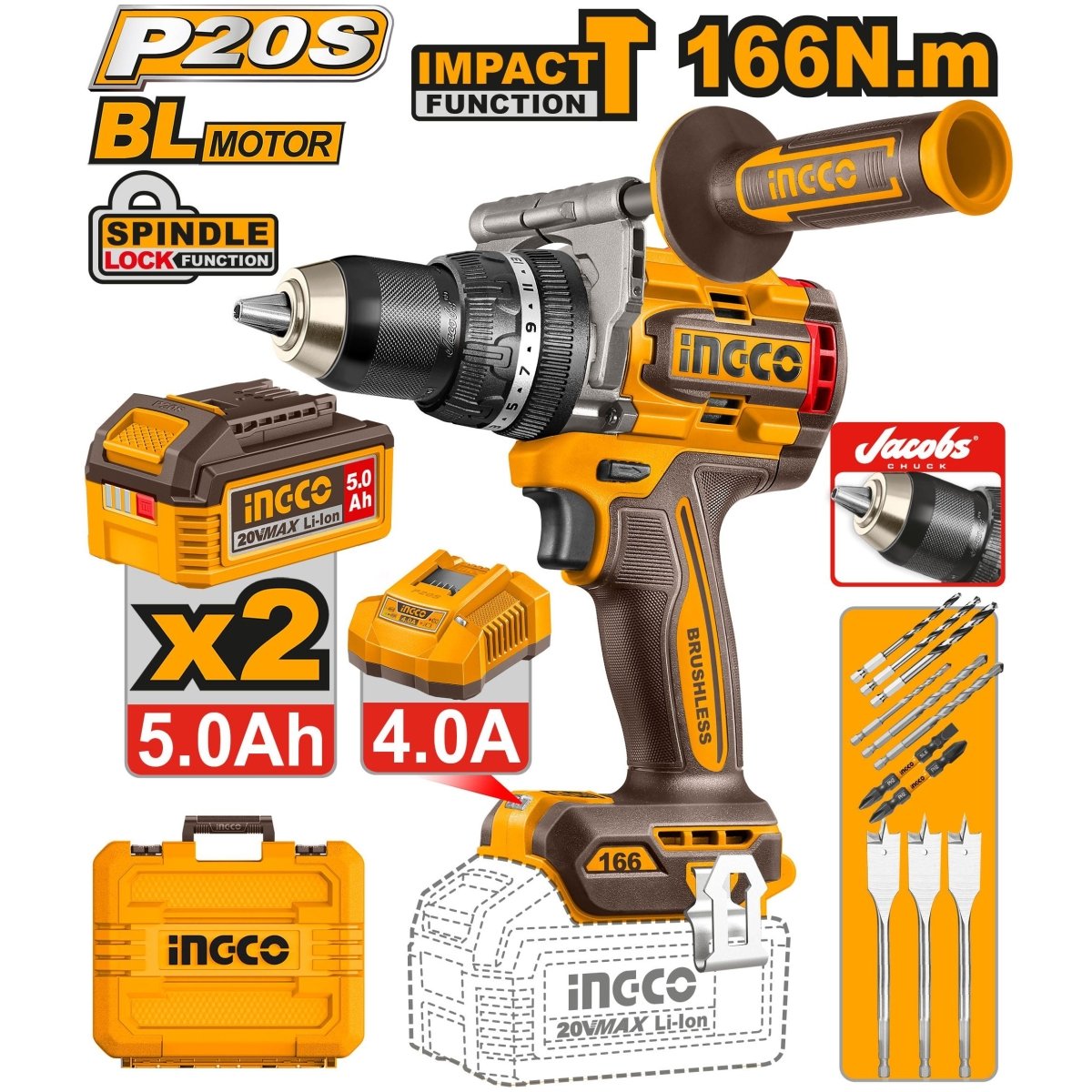 Taladro de Impacto INGCO 20V 166Nm Brushless + 2 Baterías 5.0Ah INGCO UCIDLI201668 - MARKEMSTORE - Taladro