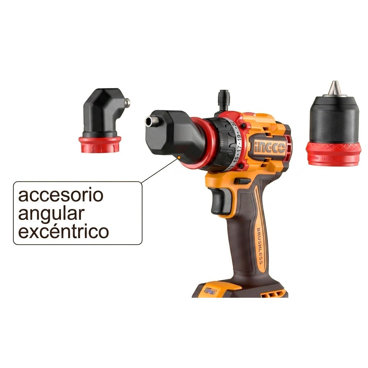 Taladro INGCO 20V con accesorio angular excéntrico intercambiable - Markemstore
