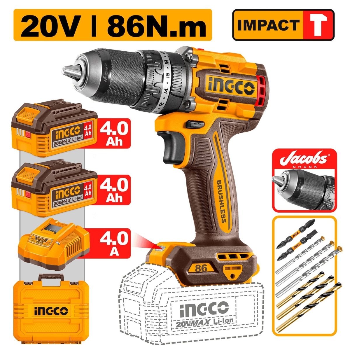 Taladro Inalámbrico INGCO 20V 86Nm 2 Baterías 4.0Ah UCIDLI208689 - MARKEMSTORE - Taladros
