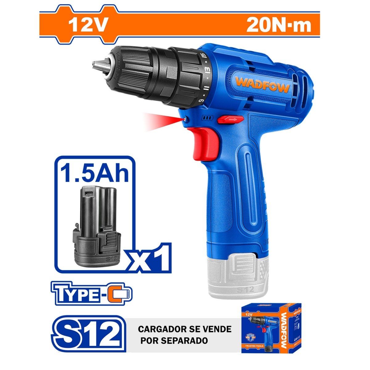 Taladro Inalámbrico WADFOW 12V 20Nm 3/8" Batería 1.5Ah WCDS518 - MARKEMSTORE - Taladros