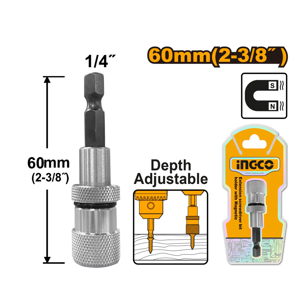 Adaptador Magnetico 60mm 1/4" Hex P/Atornillador Ingco Abh50608