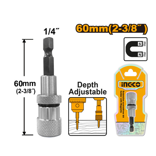 Adaptador Magnetico 60mm 1/4" Hex P/Atornillador Ingco Abh50608