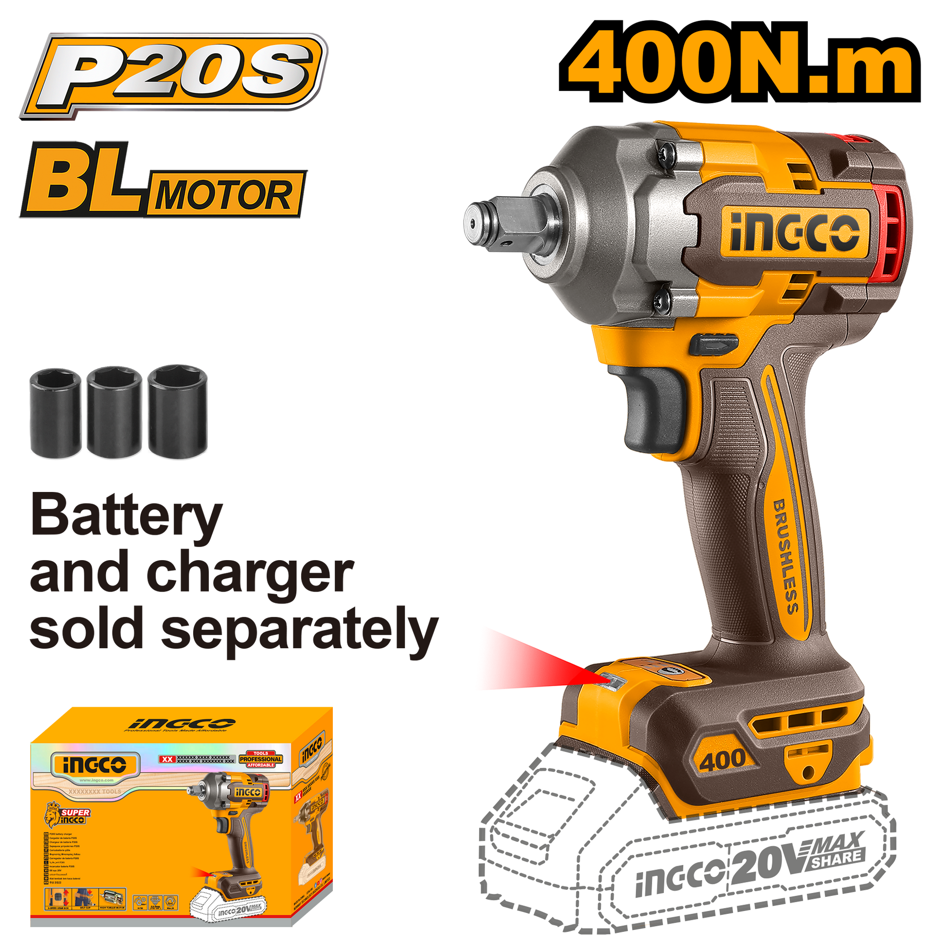Llave De Impacto 20V M1/2 400Nm Brushless INGCO CIWLI20401 - MARKEMSTORE