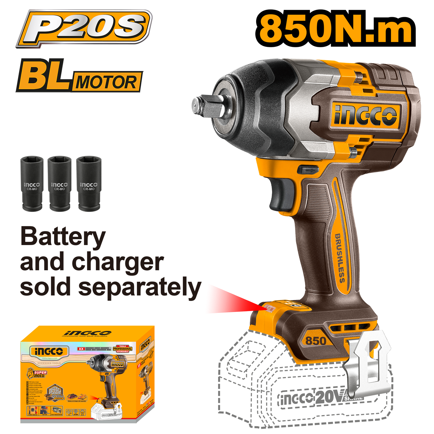 Llave De Impacto 20V M1/2 850Nm INGCO CIWLI20851 - MARKEMSTORE