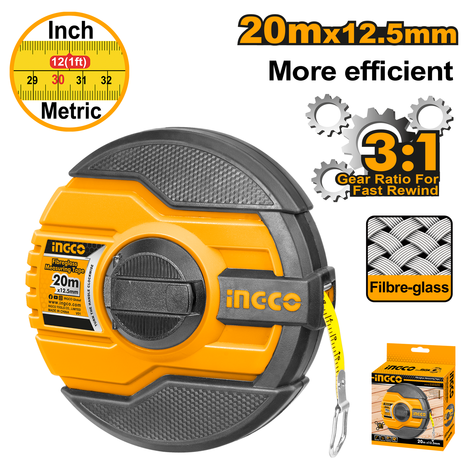 Cinta Metrica Fibravidrio 20Mtsx 12,5Mm INGCO HFMT8320 - MARKEMSTORE