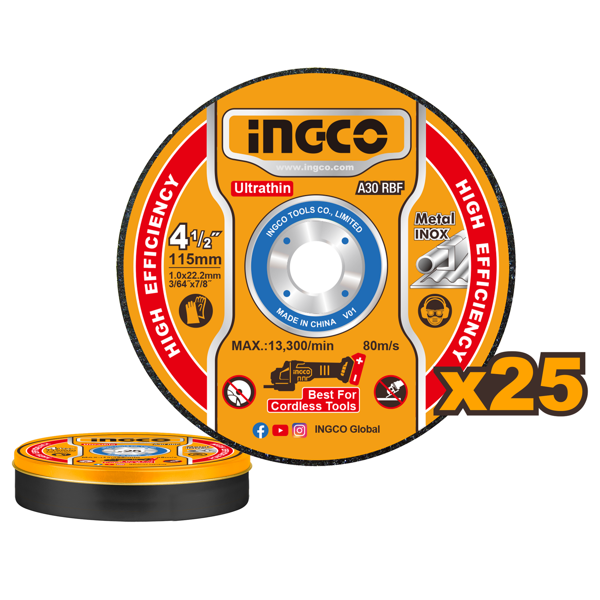Set 25 Und Disco De Corte Ultra Fino Metal - Inox 4-1/2X3/64X7/8 INGCO MCD11011525 - MARKEMSTORE -