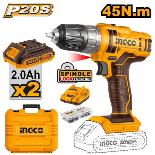 Taladro M3/8 20V 45Nm Rotación 2 Baterias Y Cargador Ingco UCDLI200528 - MARKEMSTORE