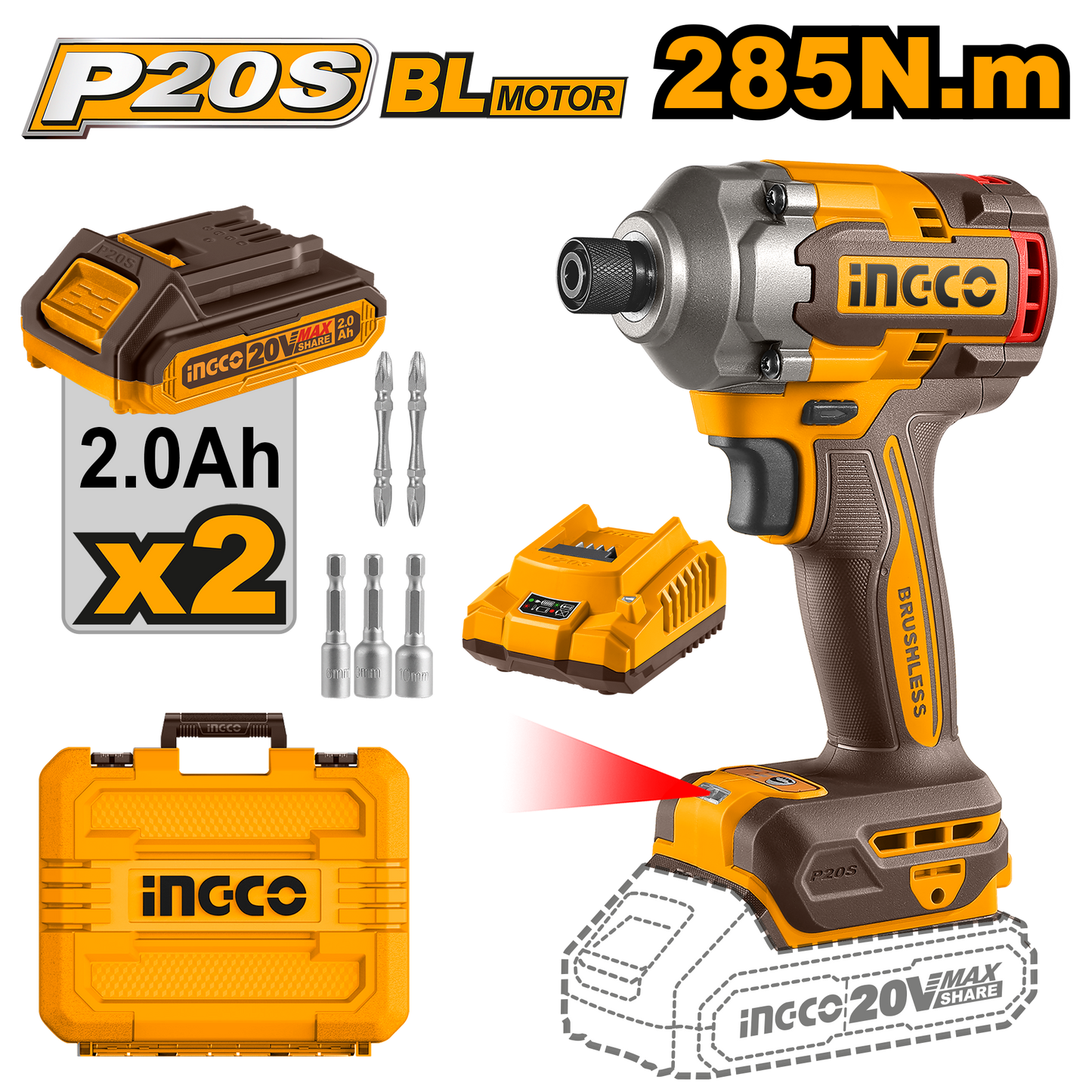 Driver 20V M1/4 0-2600Rpm 0-2900Bpm 285Nm Con 2 Baterias y Cargador INGCO UCIRLI2028 - MARKEMSTORE