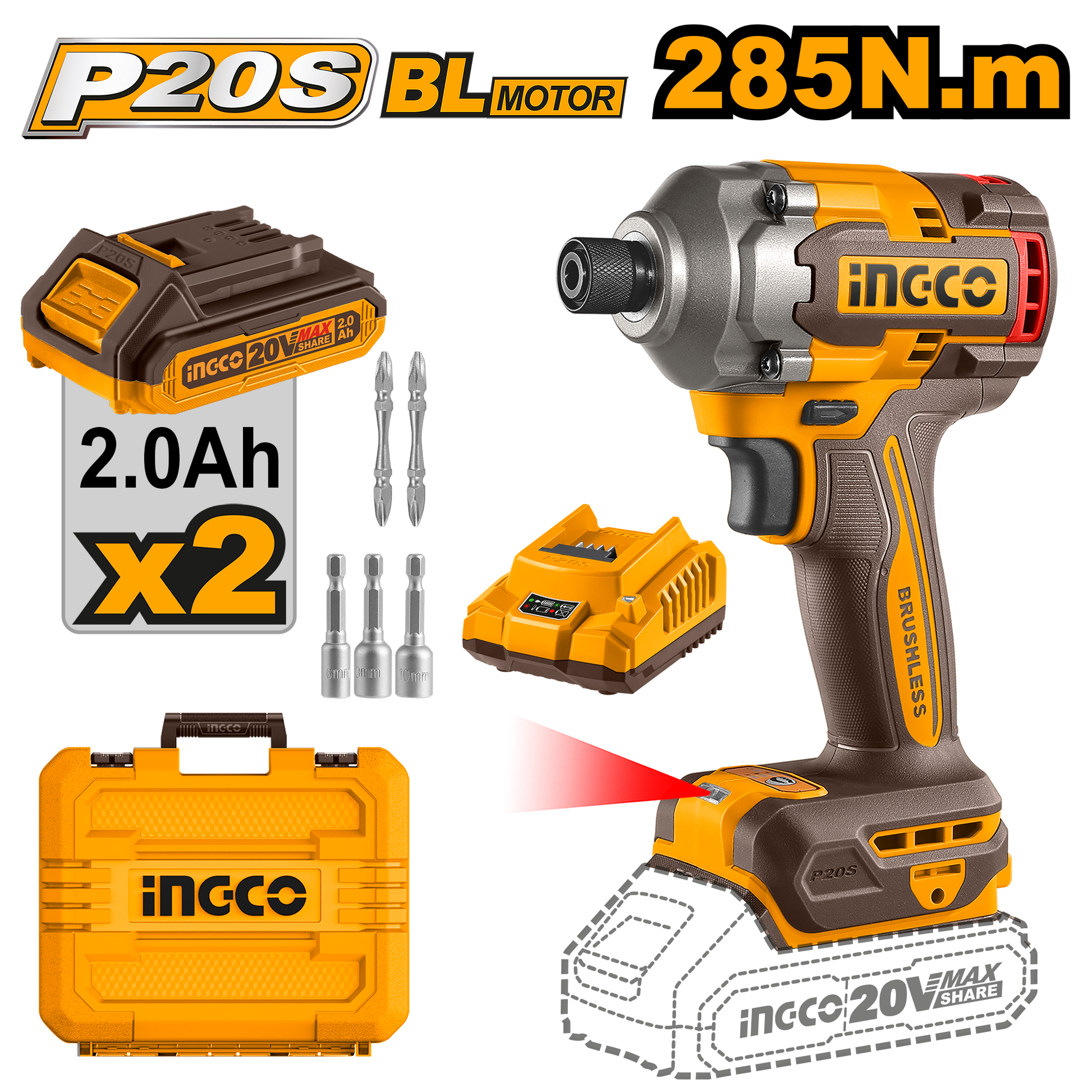 Driver 20V M1/4 0-2600Rpm 0-2900Bpm 285Nm Con 2 Baterias y Cargador INGCO UCIRLI2028 - MARKEMSTORE