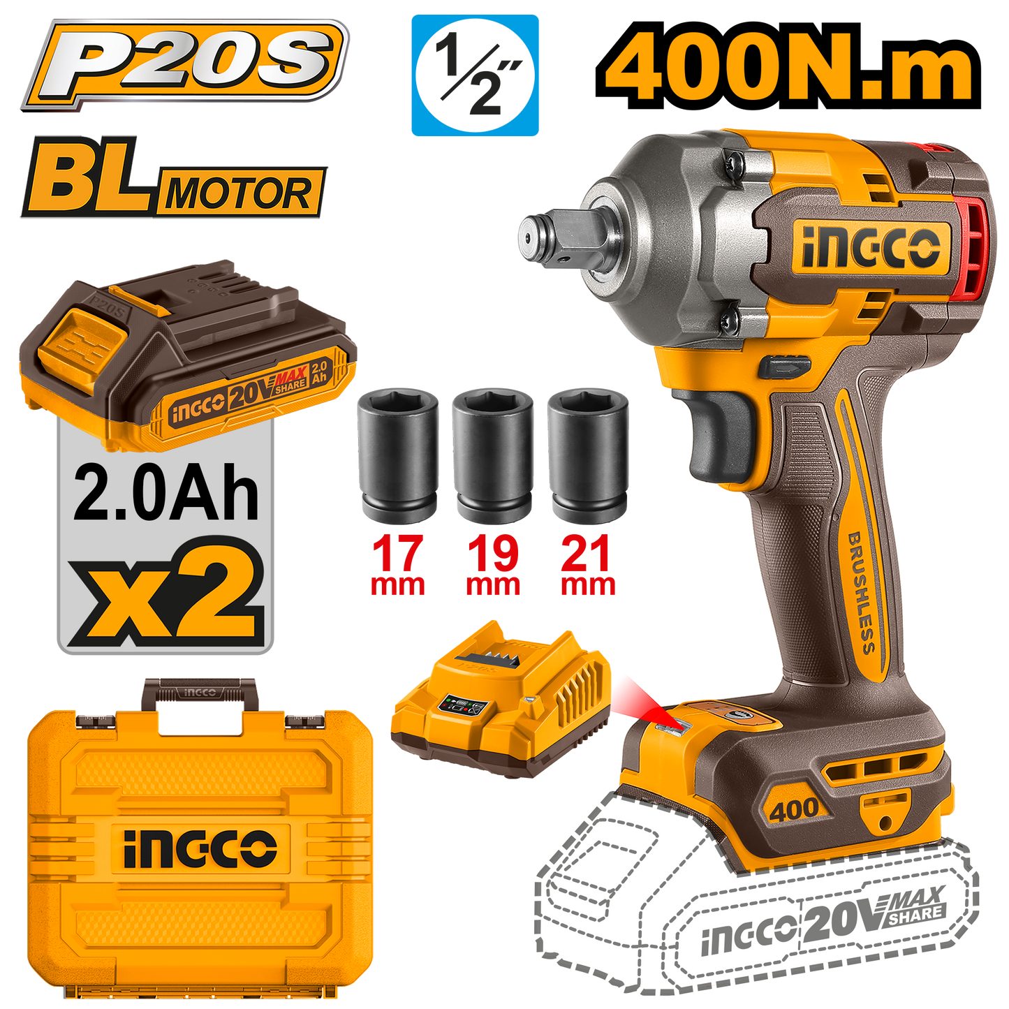 Llave De Impacto 20V M1/2 400Nm Brushless INGCO UCIWLI2040 - MARKEMSTORE