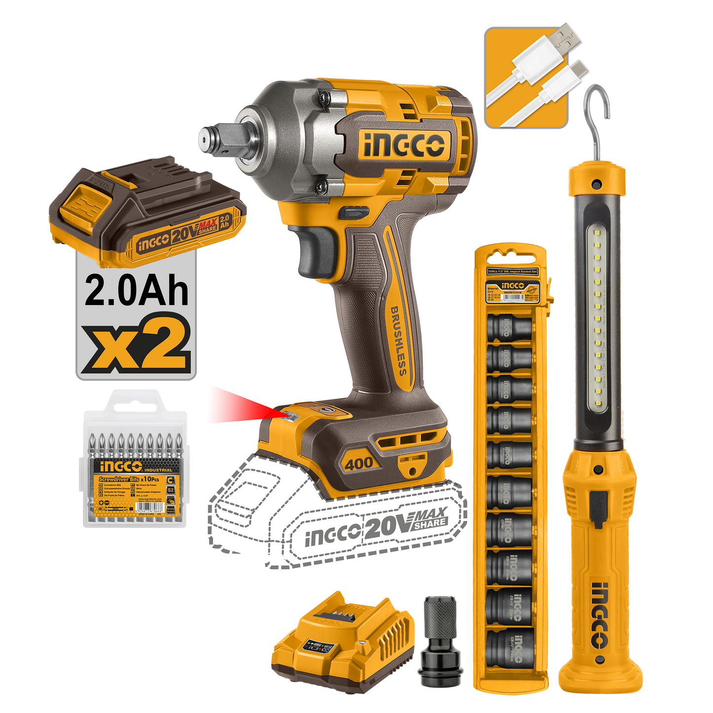 Combo 1 Llave De Impacto 1 Lampara 20V y accesorios Ucosli23048 - MARKEMSTORE