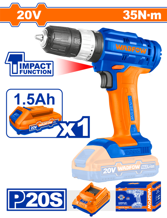 Taladro Impacto Inalambrico 20V 1/32-3/8 Inc Batería y Cargador WADFOW UWCDP521 - MARKEMSTORE