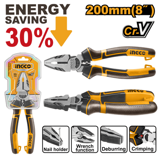 Alicate Combinación 8" INGCO Cr - V Mango TPR Bicolor HHCP28200 - MARKEMSTORE - Alicates