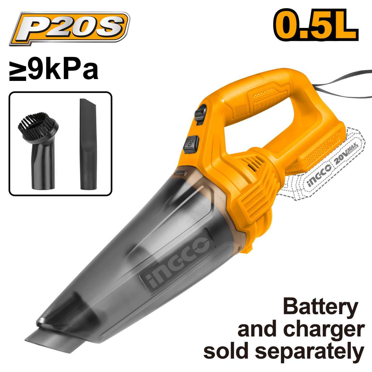 Aspiradora Inalámbrica 20V INGCO 0.5L 9KPA Boquilla Hendiduras Cepillo CVLI201261 - MARKEMSTORE - Aspiradoras