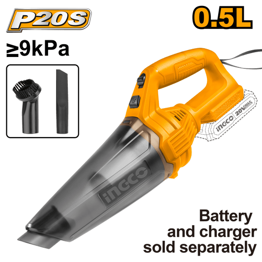 Aspiradora Inalámbrica 20V INGCO 0.5L 9KPA Boquilla Hendiduras Cepillo CVLI201261 - MARKEMSTORE - Aspiradoras