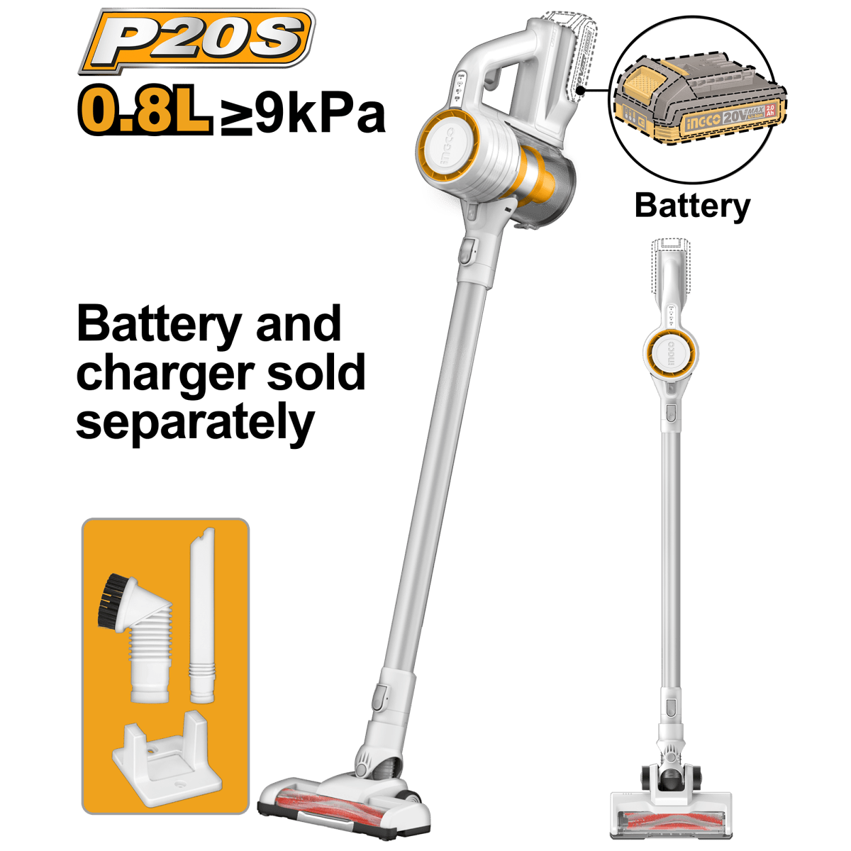 Aspiradora Inalámbrica 20V INGCO 0.8L 9KPA Ciclónica HEPA Accesorios CVLI20061 - MARKEMSTORE - Aspiradoras