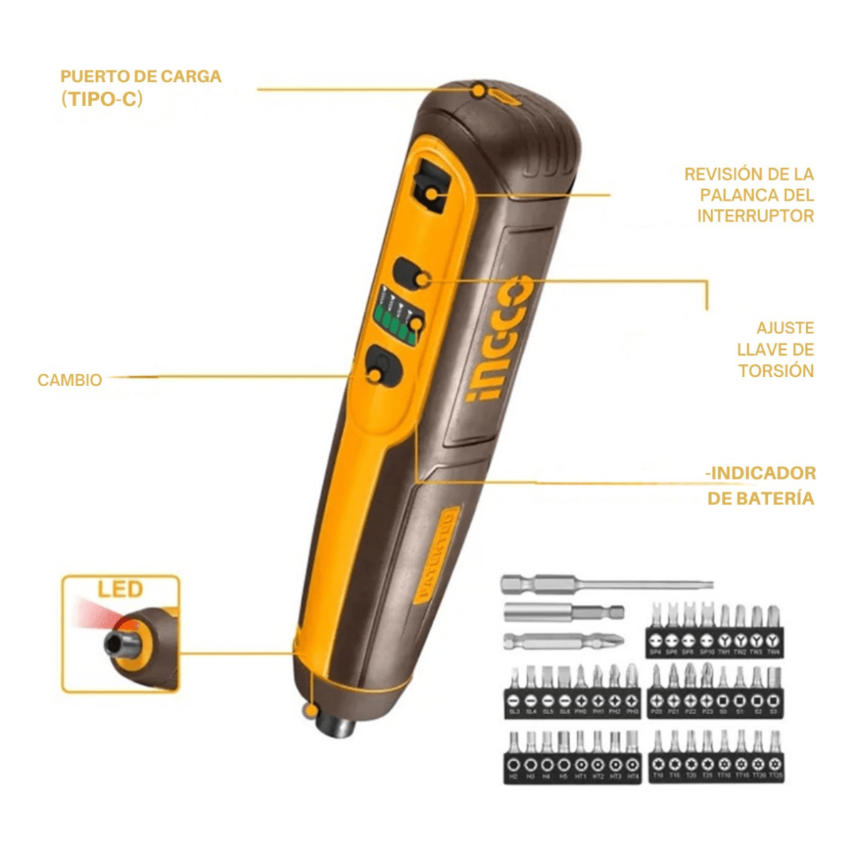 Atornillador Inalambrico 4V 40 Accesorios INGCO CSDLI04062 - MARKEMSTORE - Atornillador