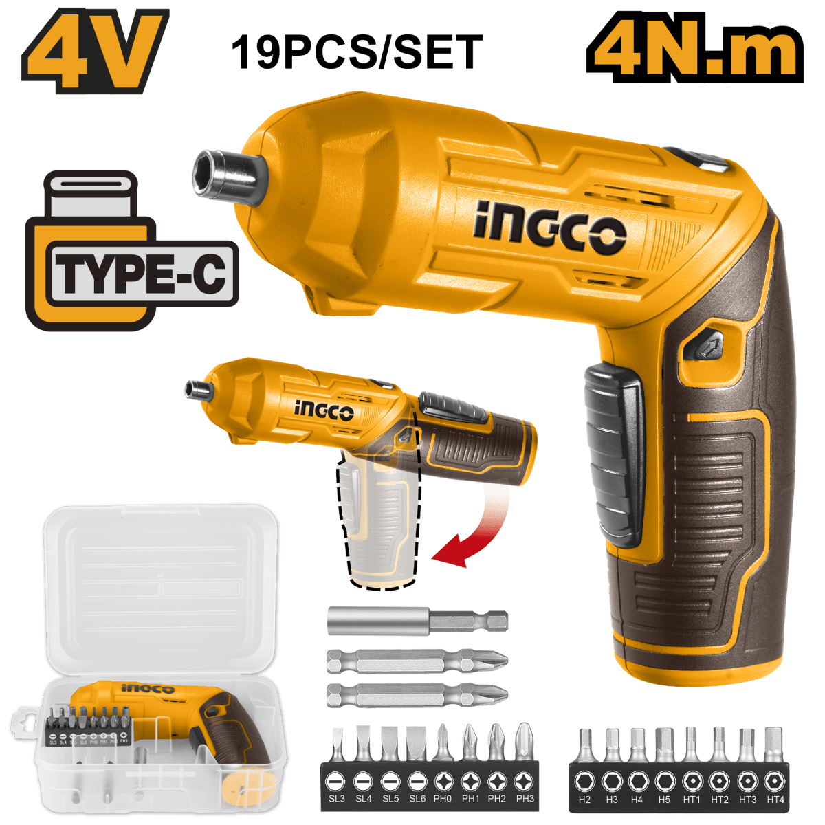Atornillador Ion Litio 4V Cargador + 18 Accesorios INGCO CSDLI0442 - MARKEMSTORE - Atornillador