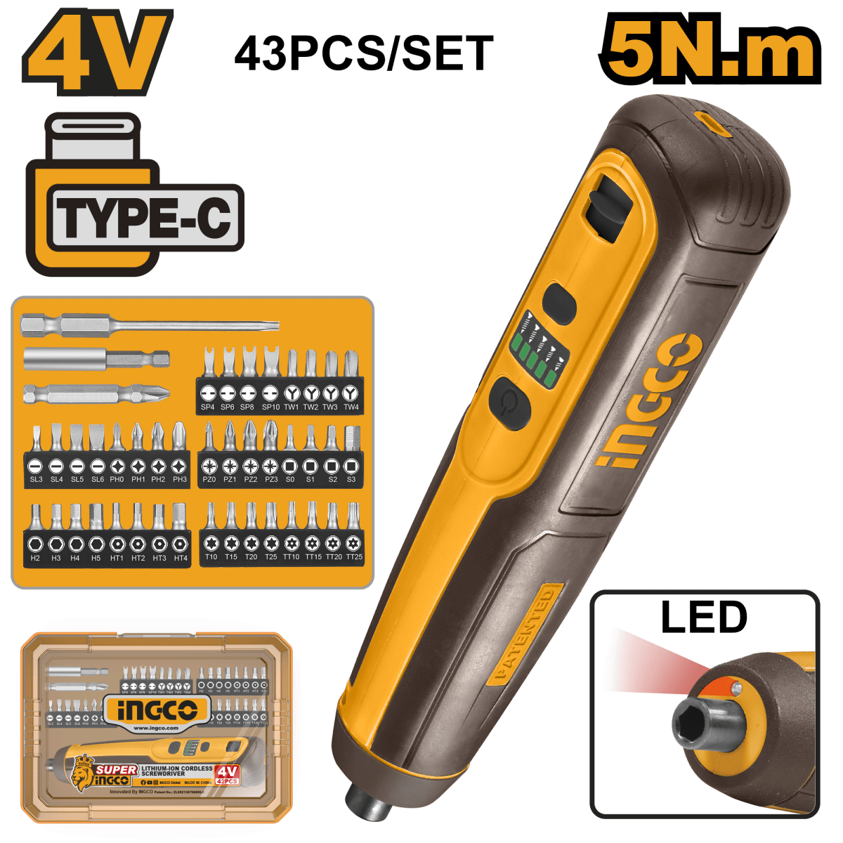 Atornillador Ion Lito 4V 40 Accesorios INGCO CSDLI04062 - MARKEMSTORE -