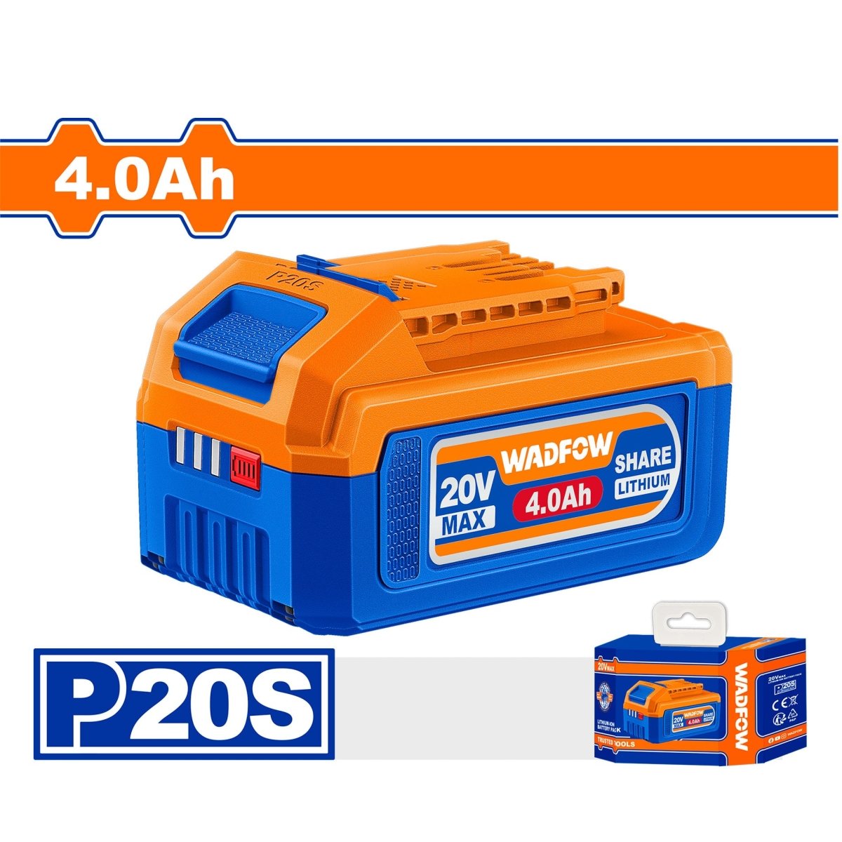 Batería 20V Ion-Litio para Herramientas 4.0Ah P20S WADFOW WLBP540 - MARKEMSTORE - Baterías y Cargadores